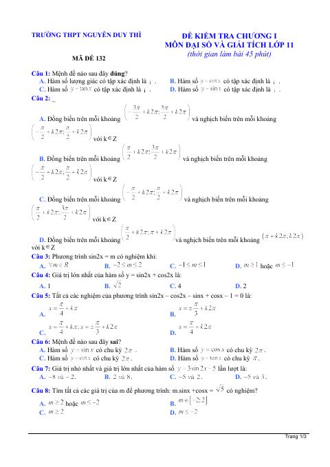 Đề kiểm tra 1 tiết Đại số và Giải tích 11 chương 1 (Lượng giác) trường THPT Nguyễn Duy Thì – Vĩnh Phúc (bản Word)